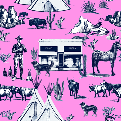 Marfa Toile Traditional Wallpaper Wallpaper Pink Navy / Sample Katie Kime