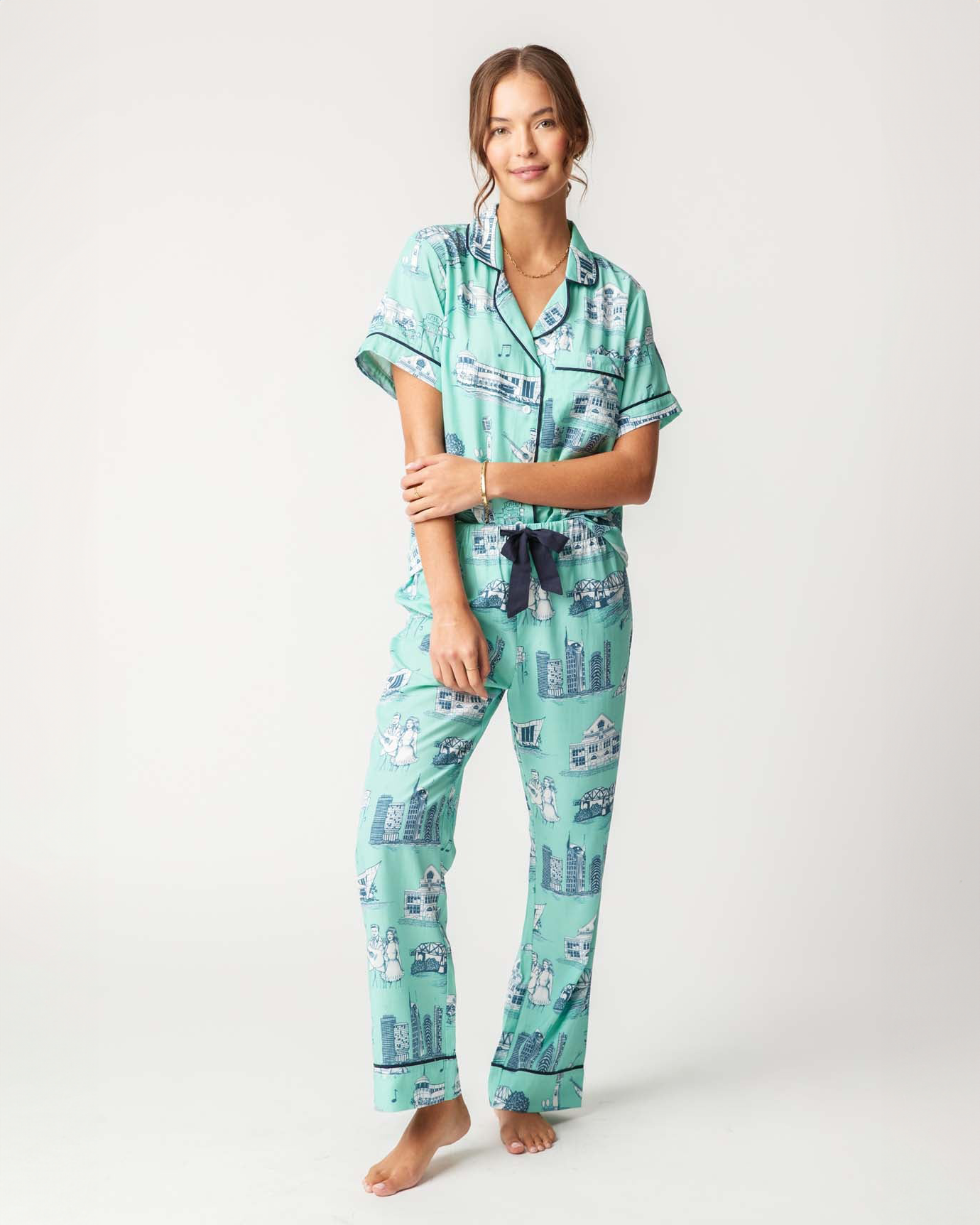 Nashville Toile Pajama Pants Set Pajama Set Mint Navy / XS Katie Kime