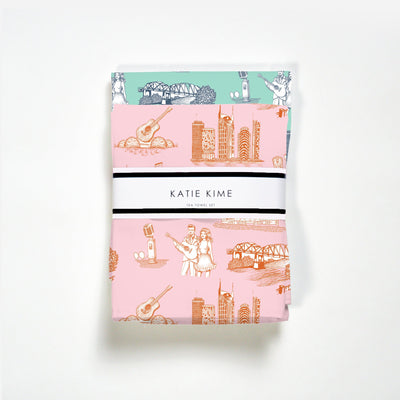 Nashville Toile Tea Towel Set Tea Towel Pink Mint Katie Kime