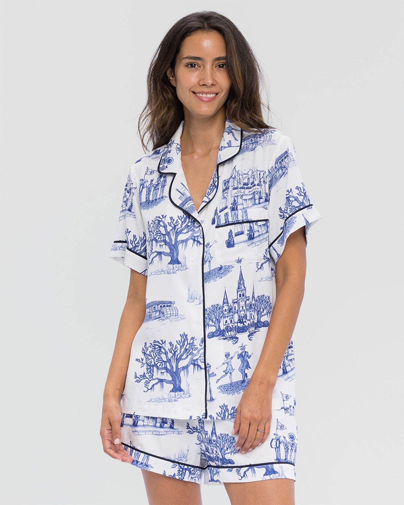 New Orleans Toile Pajama Shorts Set Pajama Set Navy / XXS Katie Kime
