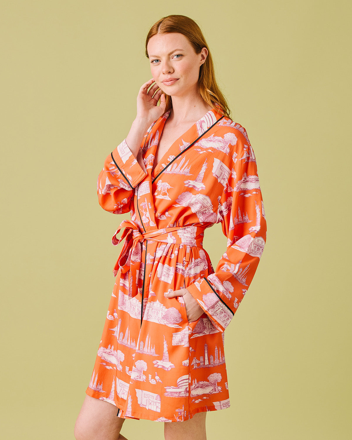 New York Toile Lounge Robe Robe Orange Magenta / One Size Fits Most Katie Kime