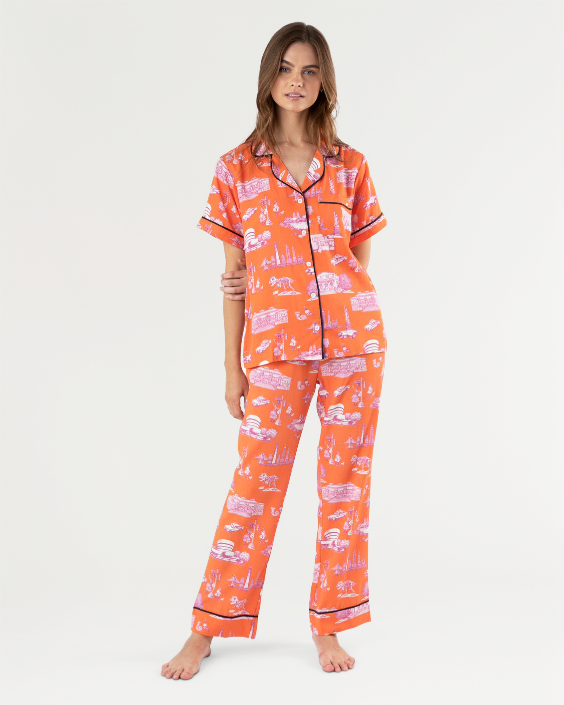 New York Toile Pajama Pants Set Pajama Set Orange / XXS Katie Kime