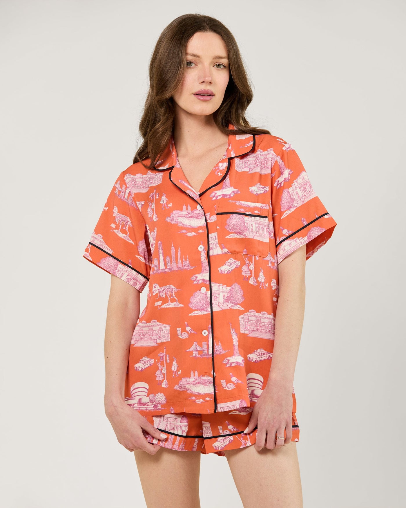 New York Toile Pajama Shorts Set Pajama Set Orange / XXS Katie Kime