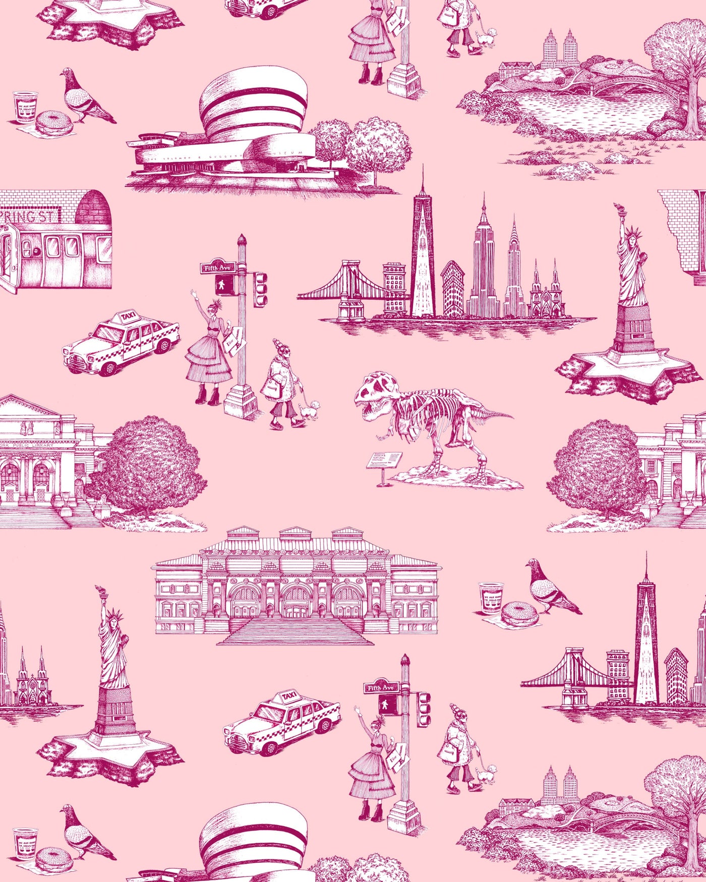 New York Toile Peel & Stick Wallpaper Peel & Stick Wallpaper Pink Magenta / 24" x 144" Katie Kime