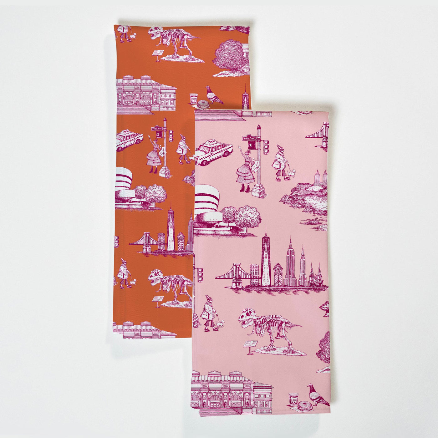 New York Toile Tea Towel Set Tea Towel Pink Magenta Katie Kime