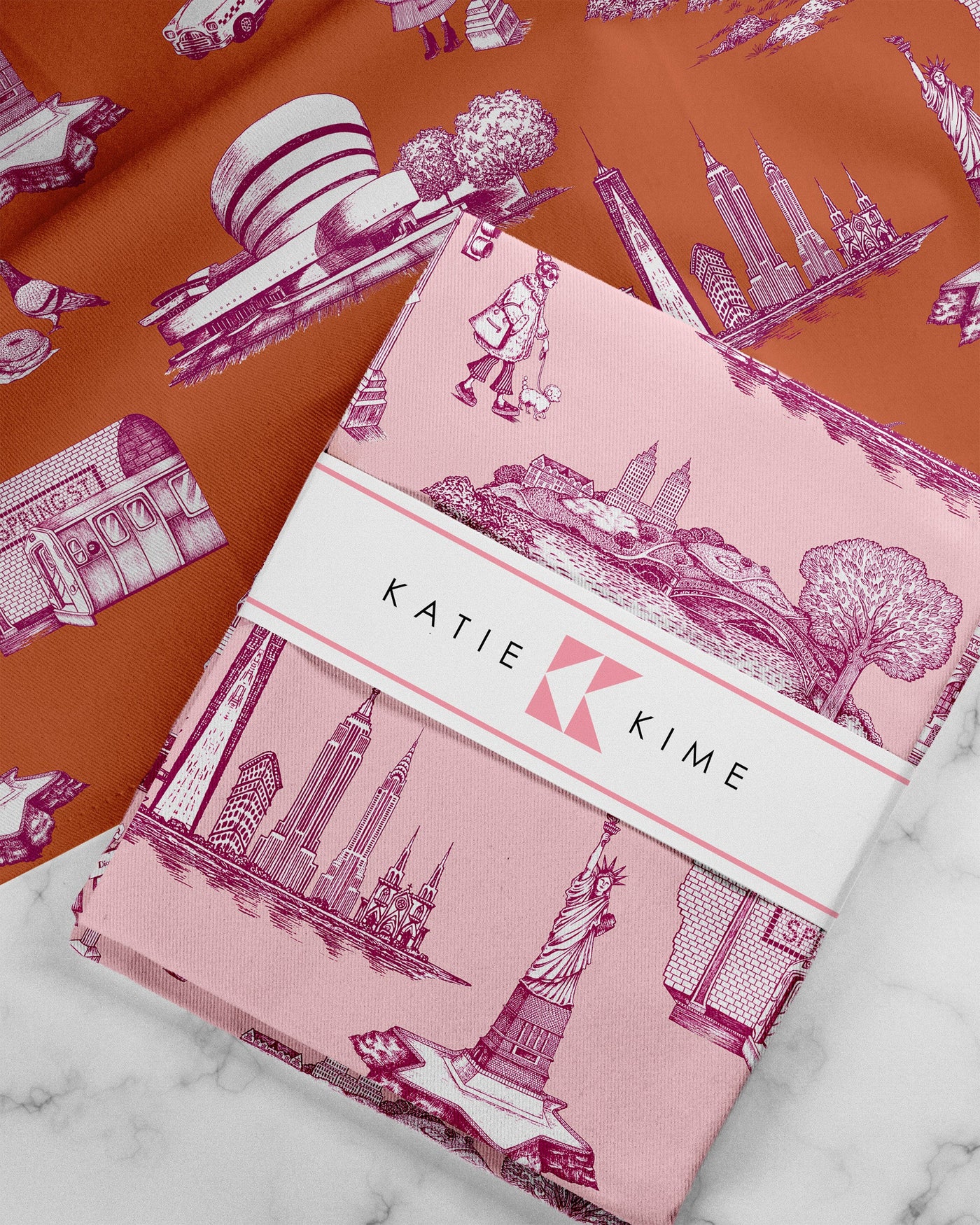 New York Toile Tea Towel Set Tea Towel Pink Magenta Katie Kime