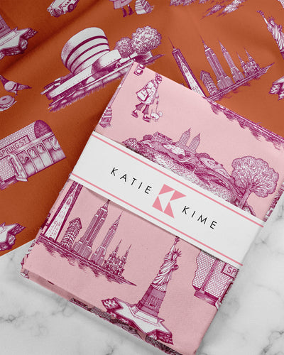New York Toile Tea Towel Set Tea Towel Pink Magenta Katie Kime