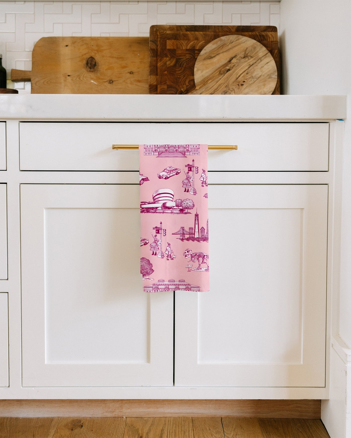 New York Toile Tea Towel Set Tea Towel Pink Magenta Katie Kime
