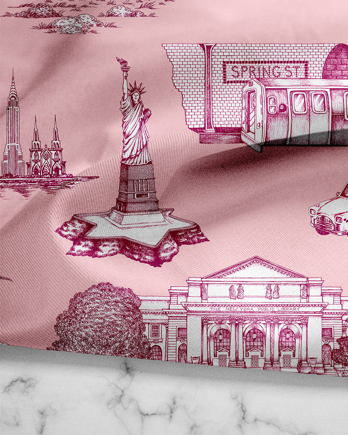 New York Toile Tea Towel Set Tea Towel Pink Magenta Katie Kime