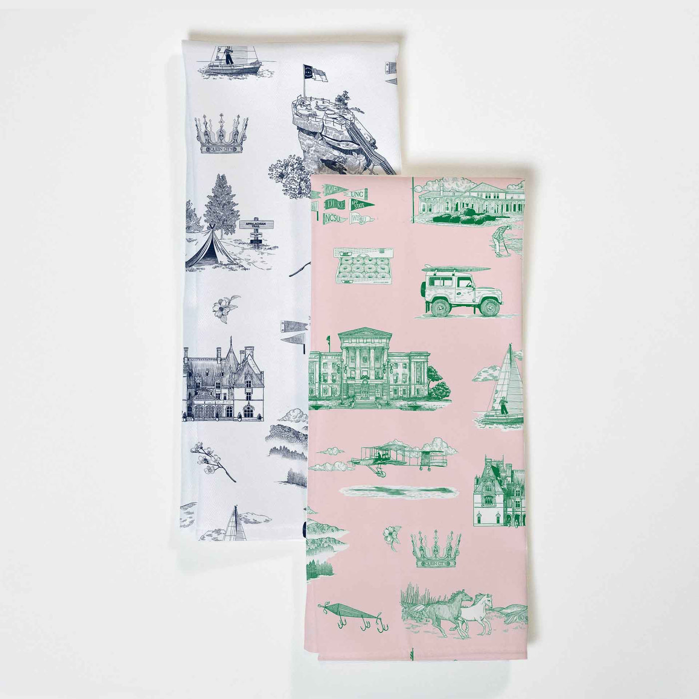 North Carolina Toile Tea Towel Set Tea Towel Pink Navy Katie Kime