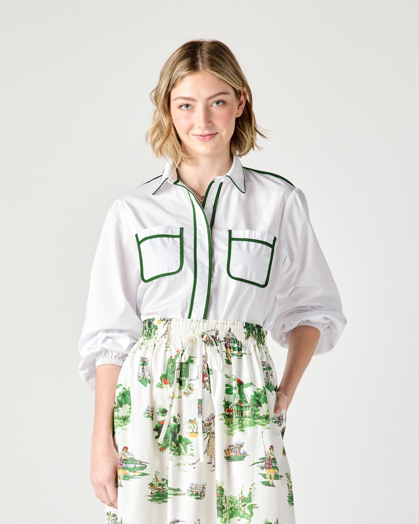 Quinn Top with Green Piping Top Katie Kime