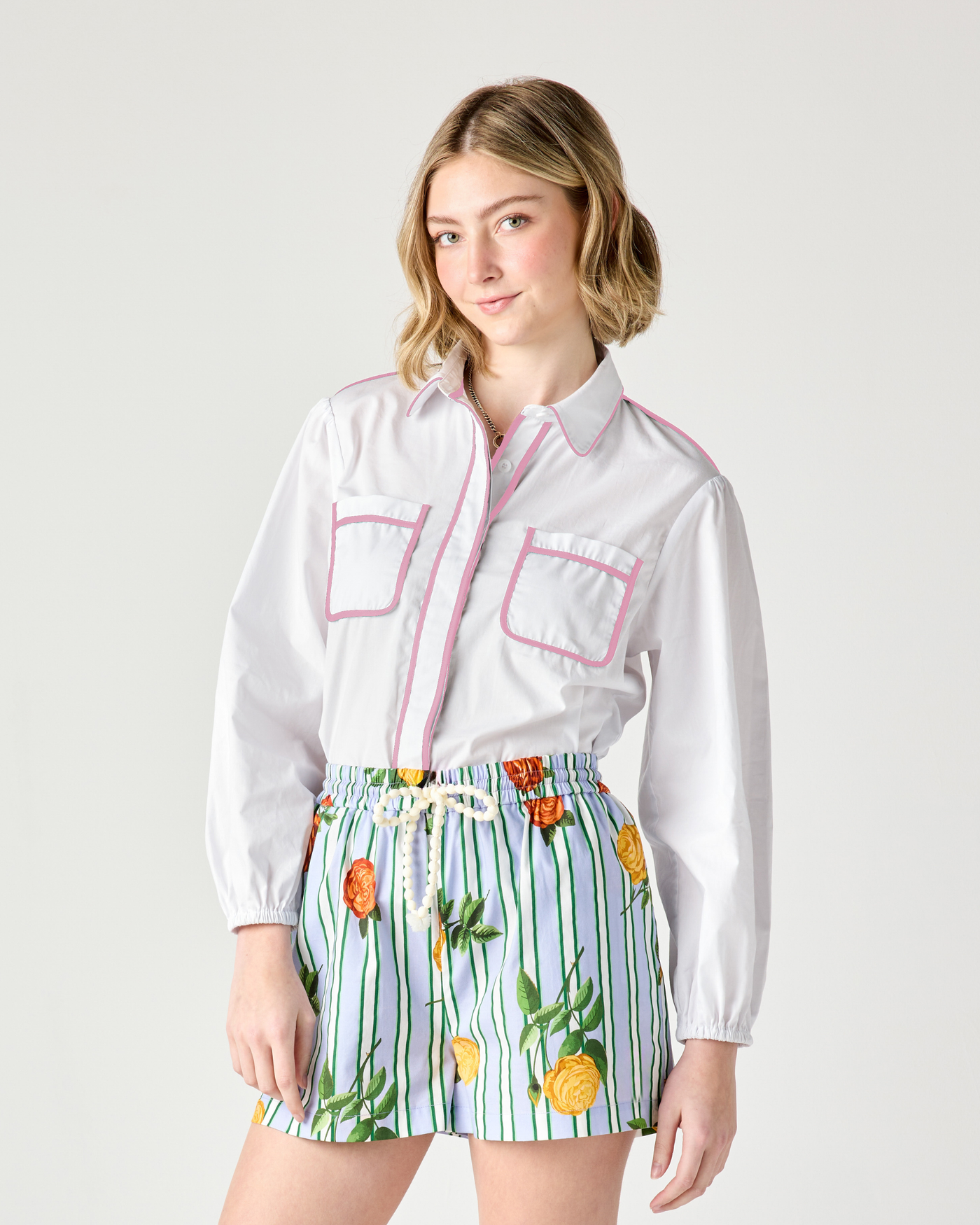 Quinn Top with Pink Piping Top Katie Kime