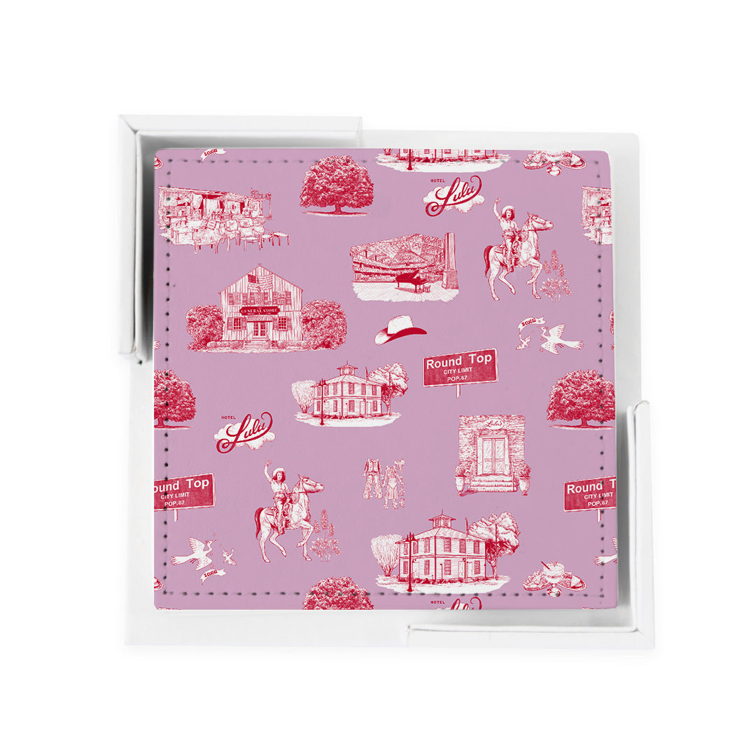 Round Top Toile Coaster Set Coaster Set Lilac Cranberry Katie Kime