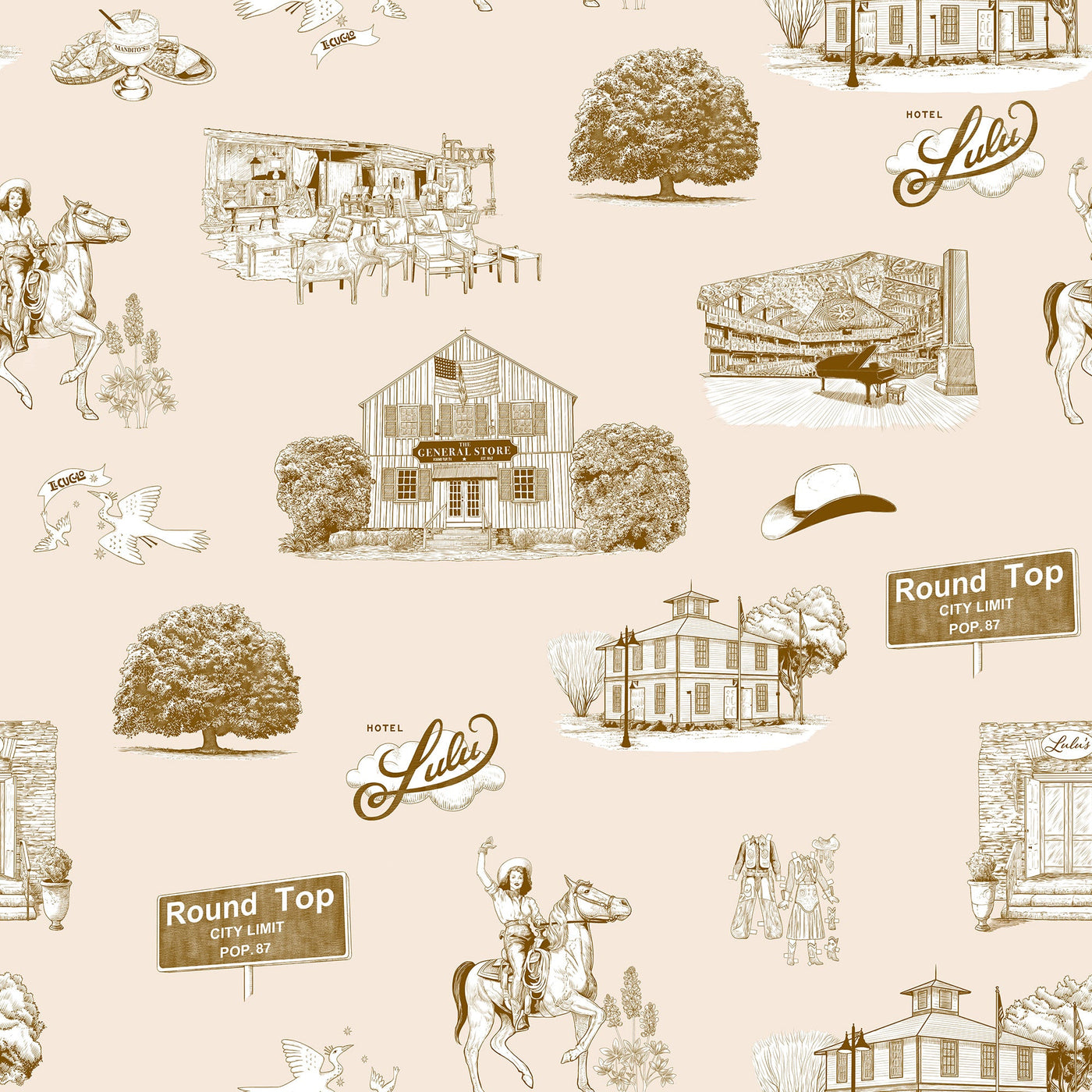 Round Top Toile Peel & Stick Wallpaper Peel & Stick Wallpaper Beige Brown / 24" x 144" Katie Kime