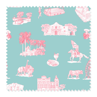 San Antonio Toile Fabric Fabric Sample / Cotton / Teal Pink Katie Kime