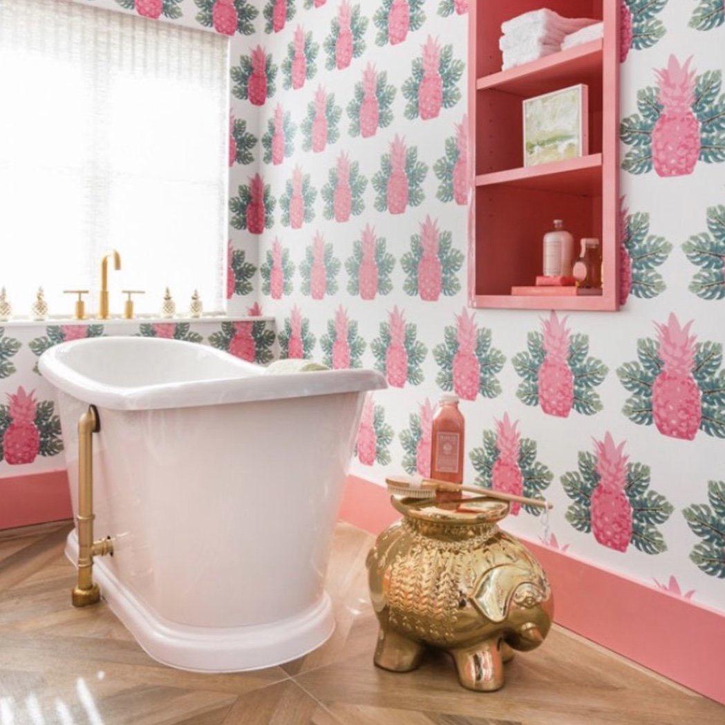 Spring Pineapples Peel & Stick Wallpaper Peel & Stick Wallpaper Pink / Large Sample Katie Kime