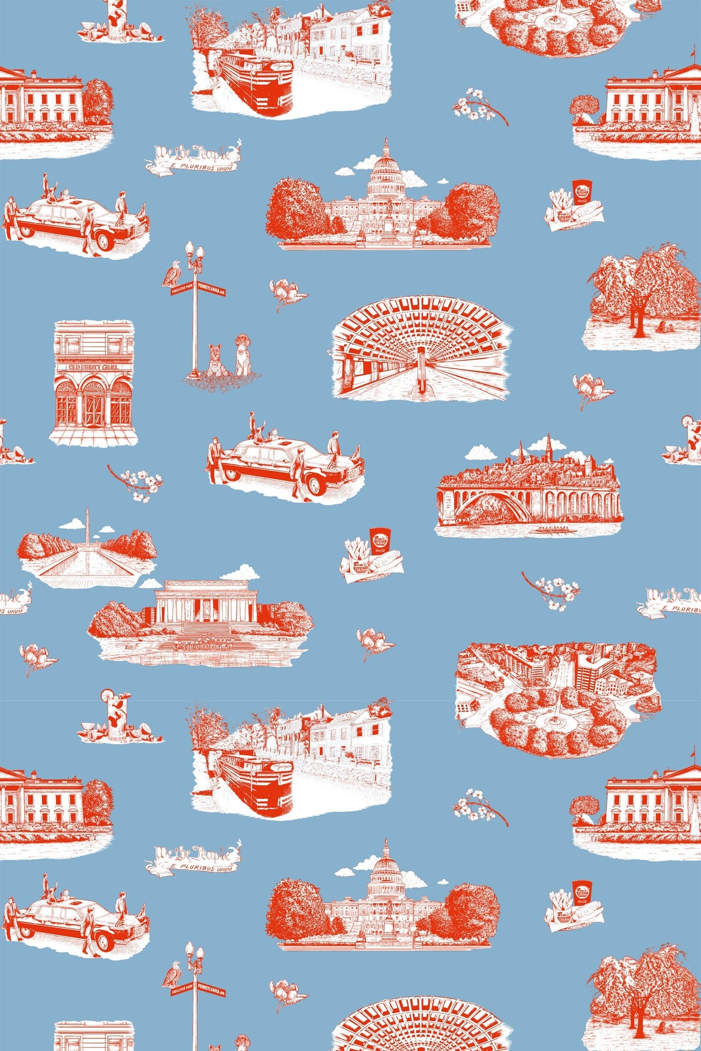 Washington DC Toile Traditional Wallpaper Wallpaper Blue Red / Double Roll Katie Kime