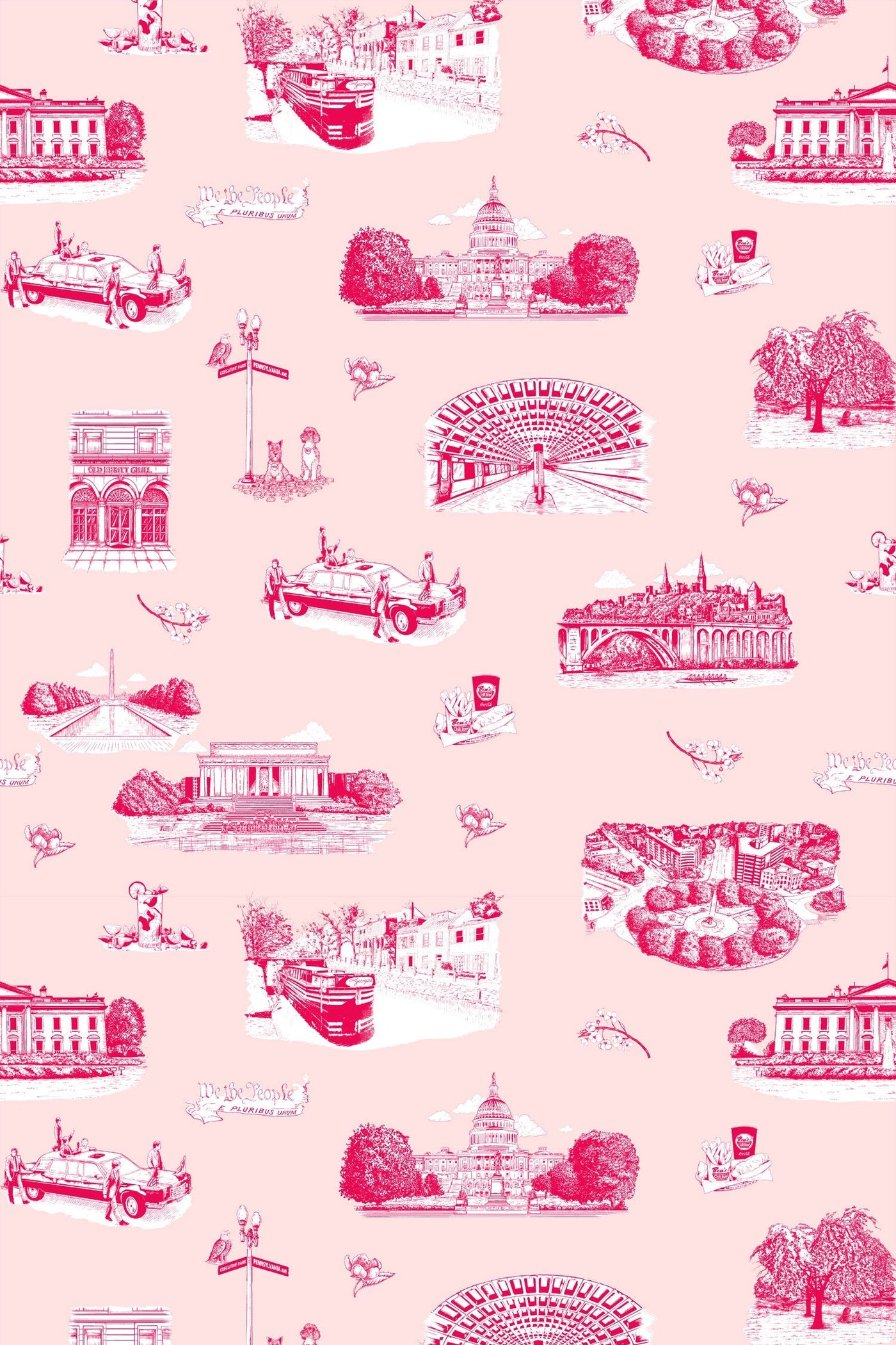 Washington DC Toile Traditional Wallpaper Wallpaper Pink Cranberry / Double Roll Katie Kime