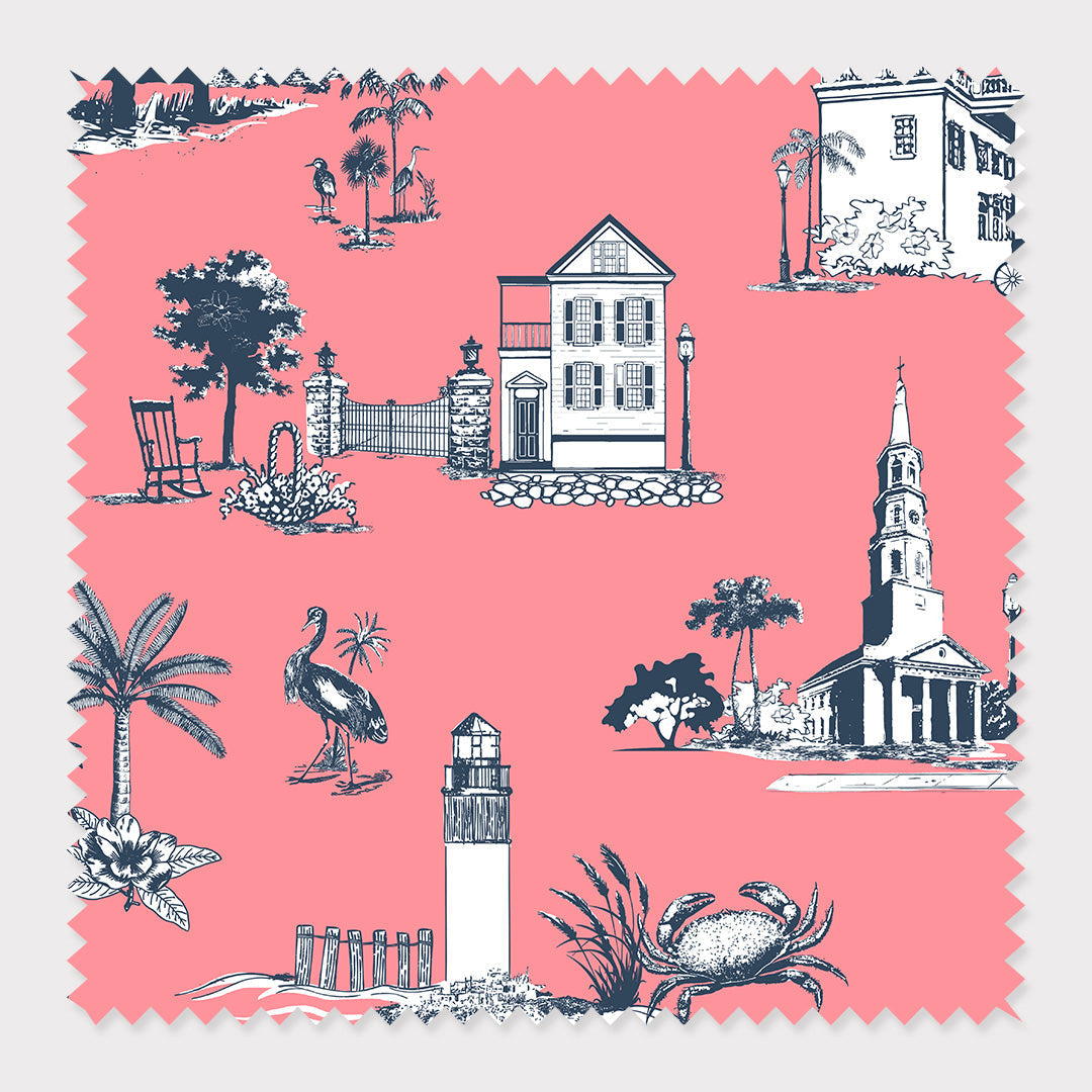Fabric Cotton Twill / By The Yard / Coral Charleston Toile Fabric Katie Kime