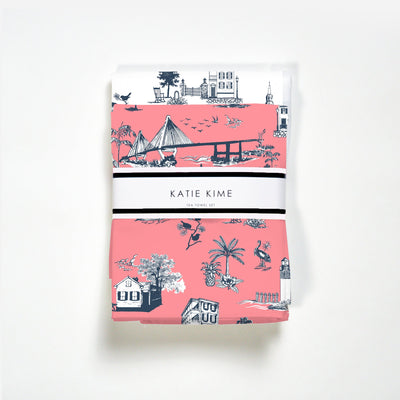 Charleston Toile Tea Towel Set Tea Towel Coral Navy Katie Kime