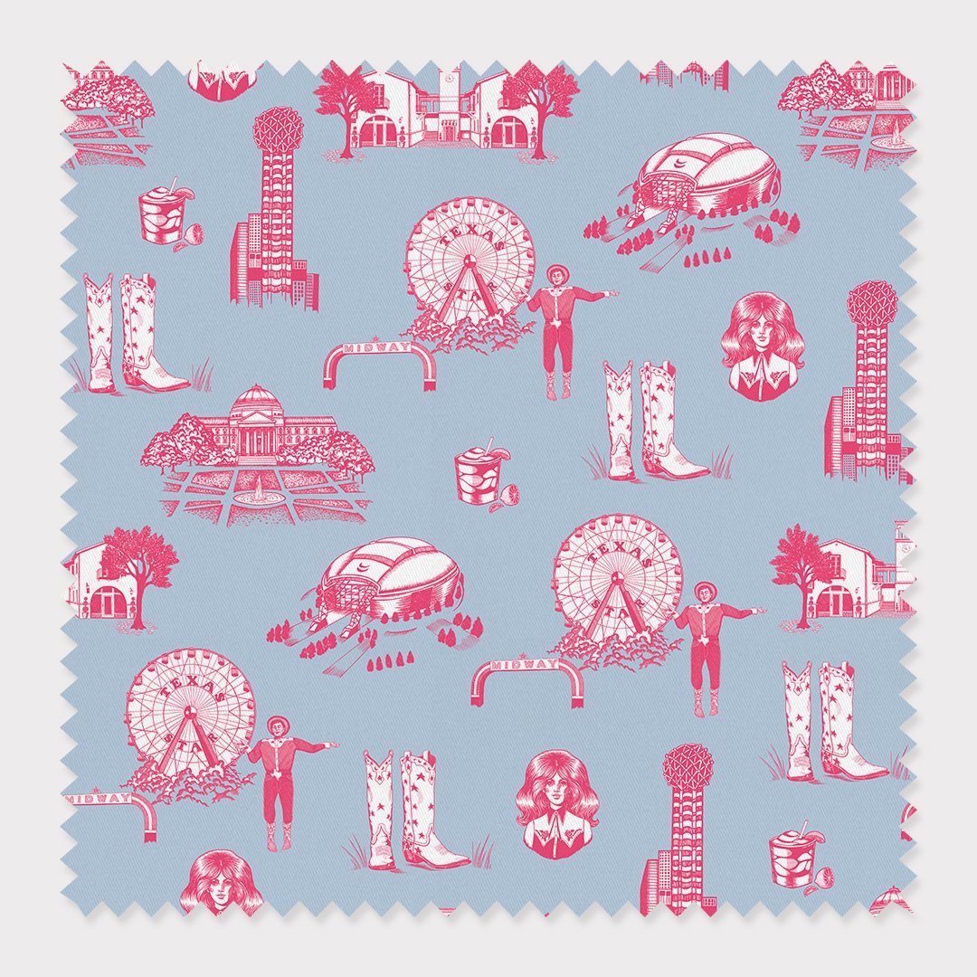 Fabric Cotton / By The Yard / Blue Pink Dallas Toile Fabric Katie Kime