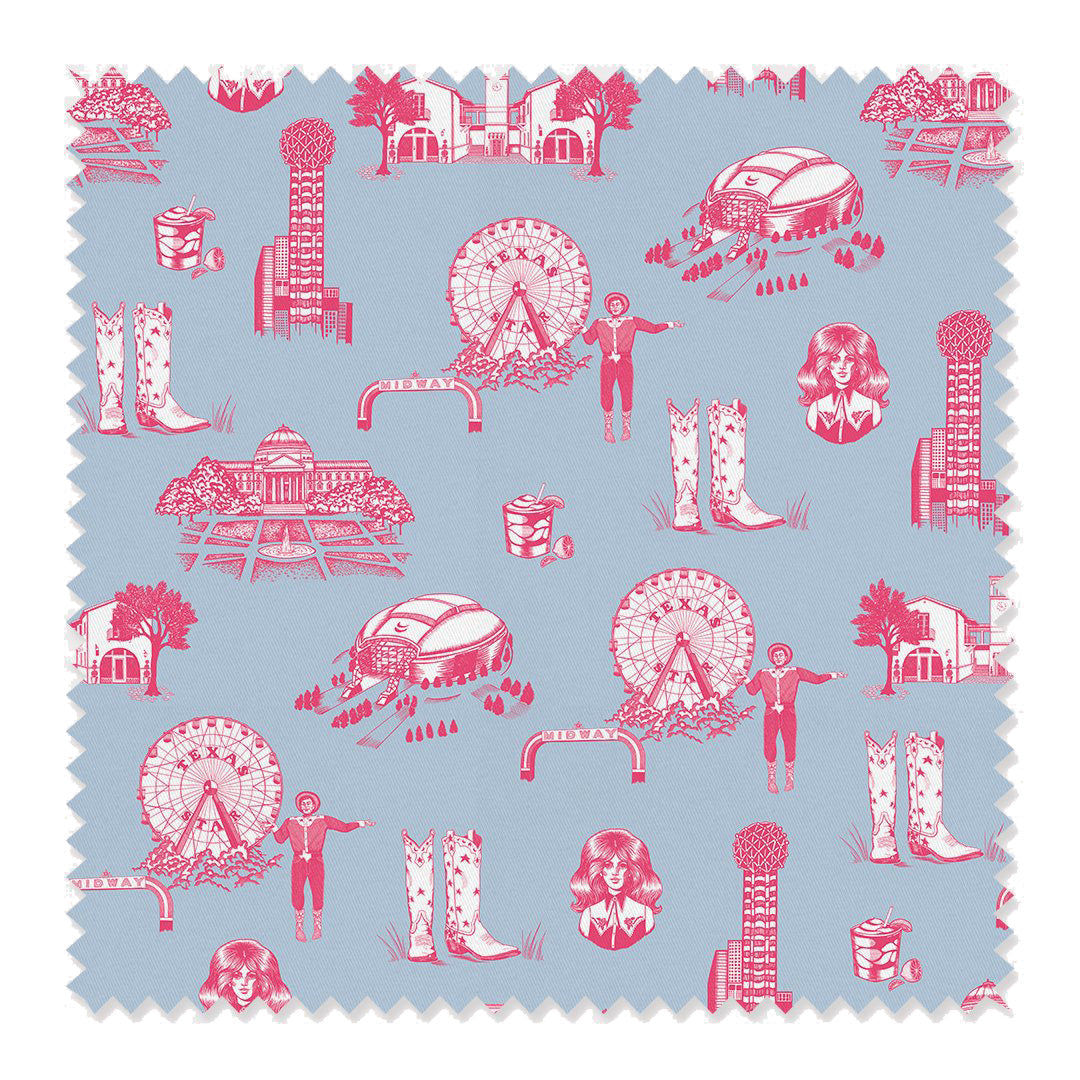 Dallas Toile Fabric Fabric By The Yard / Linen Canvas / Blue Pink Katie Kime