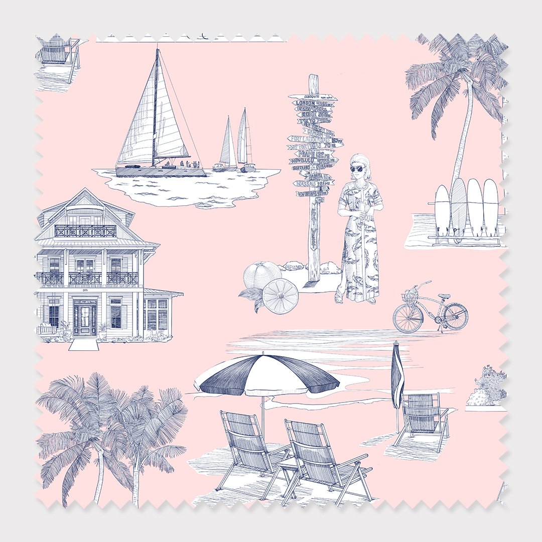 Fabric Cotton Twill / By The Yard / Pink Navy Florida Toile Fabric Katie Kime