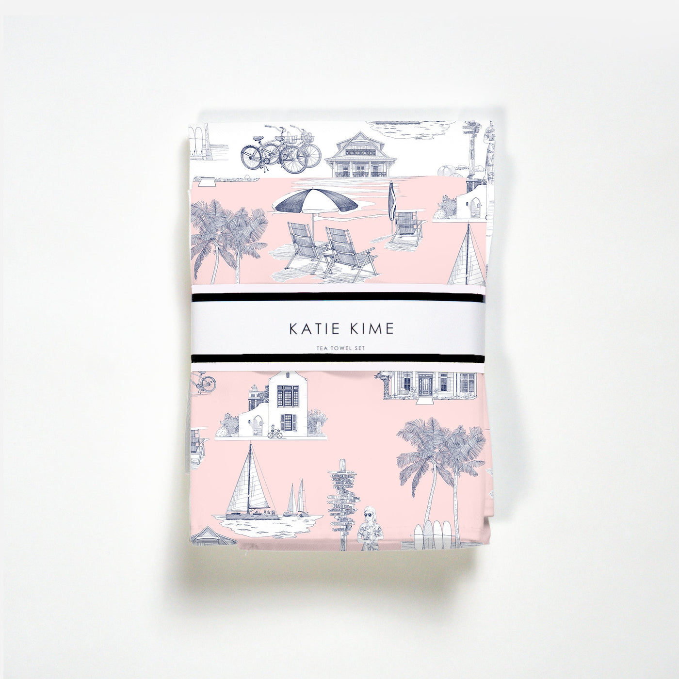 Florida Toile Tea Towel Set Tea Towel Pink Navy Katie Kime