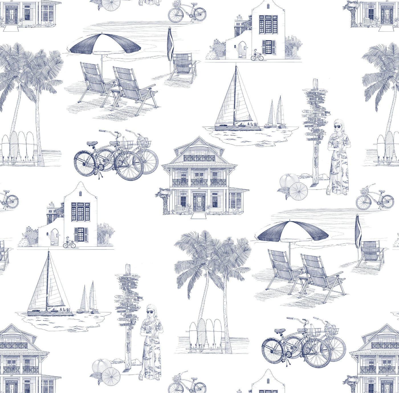 Florida Toile Traditional Wallpaper Wallpaper Navy / Double Roll Katie Kime