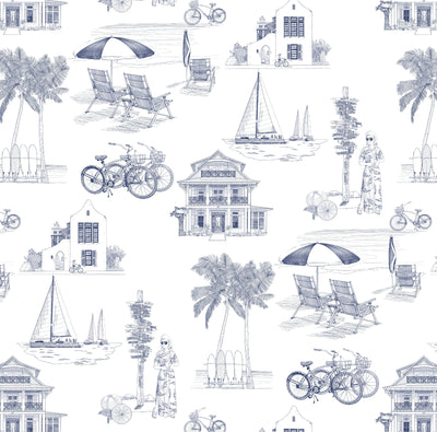 Florida Toile Traditional Wallpaper Wallpaper Navy / Double Roll Katie Kime