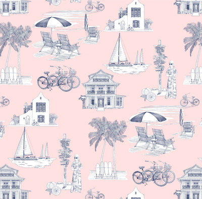 Florida Toile Traditional Wallpaper Wallpaper Pink Navy / Double Roll Katie Kime