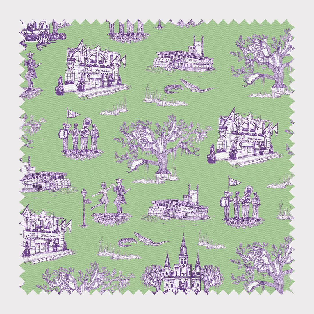 New Orleans Toile Fabric Fabric By The Yard / Cotton / Green Lavender Katie Kime
